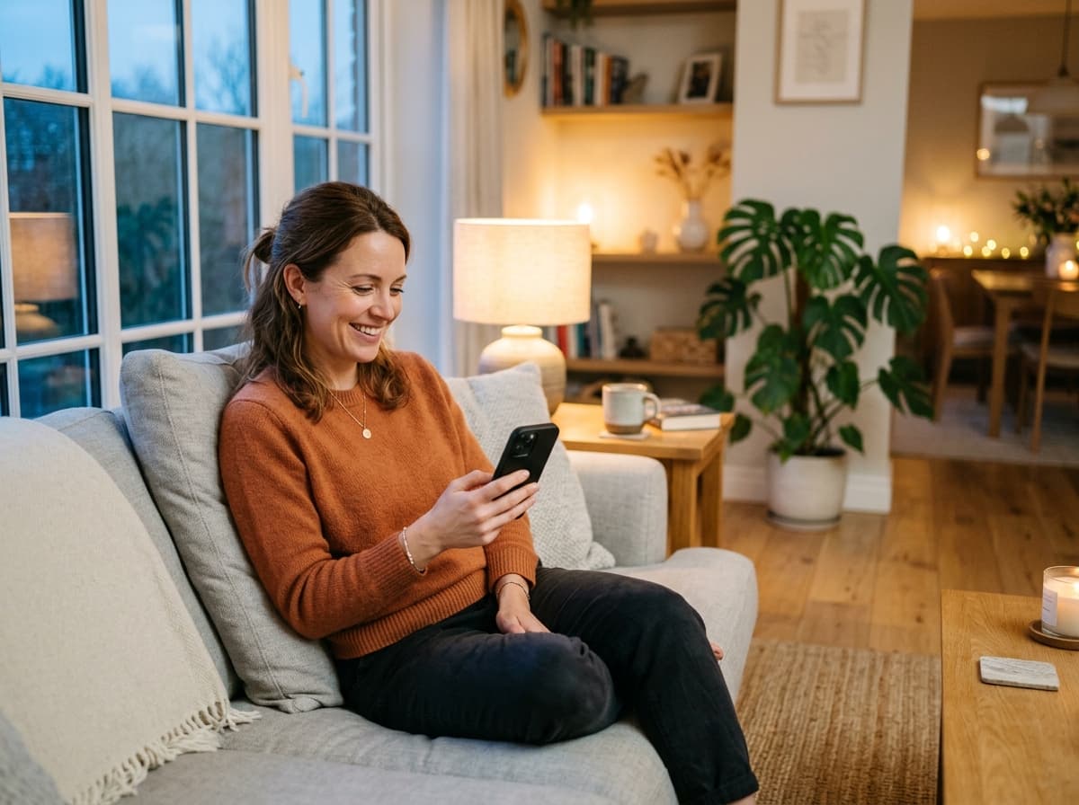 A smiling woman relaxing on her sofa in the evening, reading a reply on her phone
